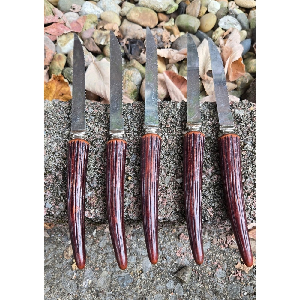VTG Stainless Forgecraft USA‎ Serrated Steak Knives Set of 5 Faux Antler Handles